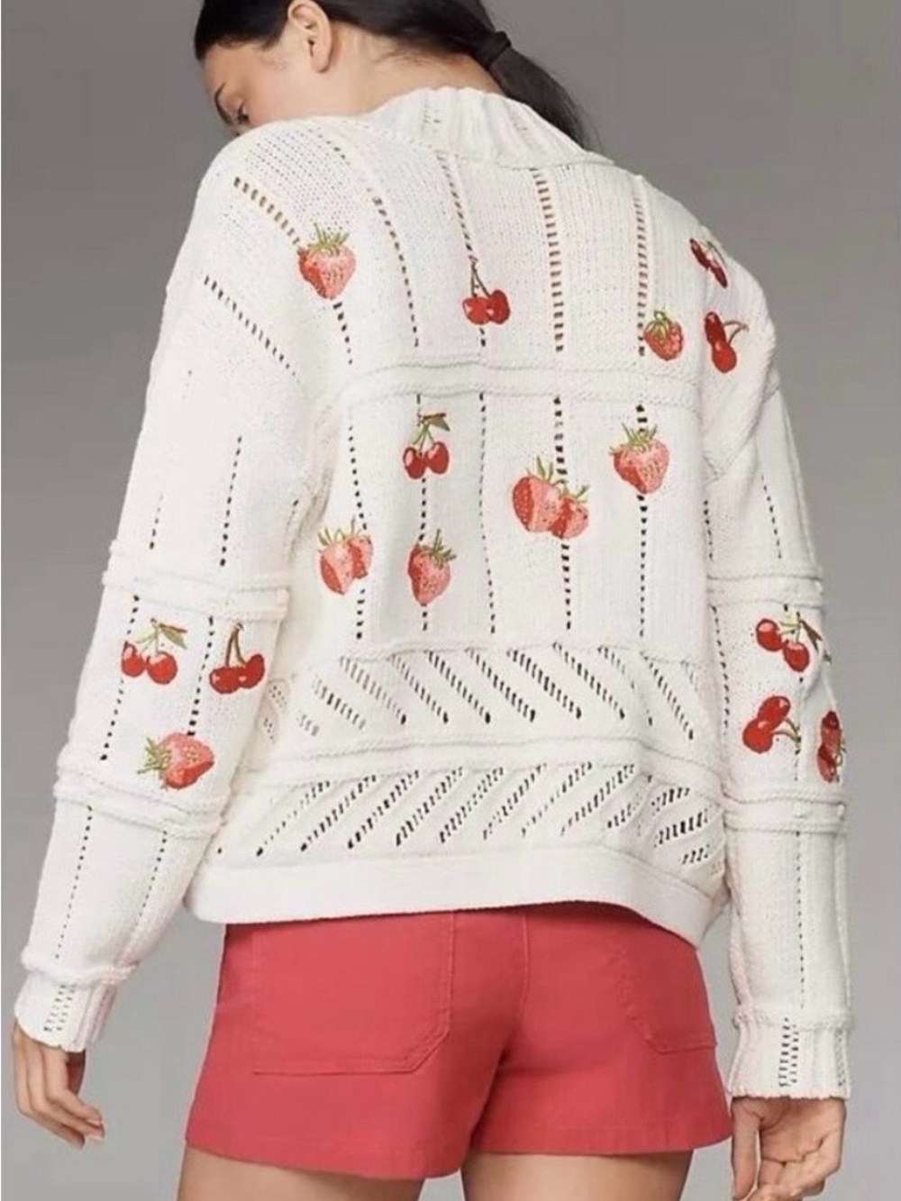 Anthropologie Maeve Cream Open-Knit Cardigan with Strawberry Embroidery - Picture 8 of 9